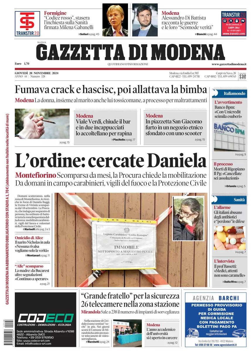 Prima-pagina-gazzetta di modena-oggi-edizione-del-2024-11-28